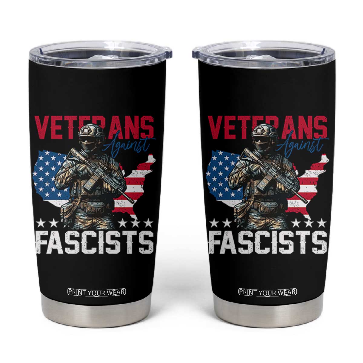 Veterans Against Fascists Tumbler Cup Patriotic Soldier Vintage American Flag - Print Your Wear