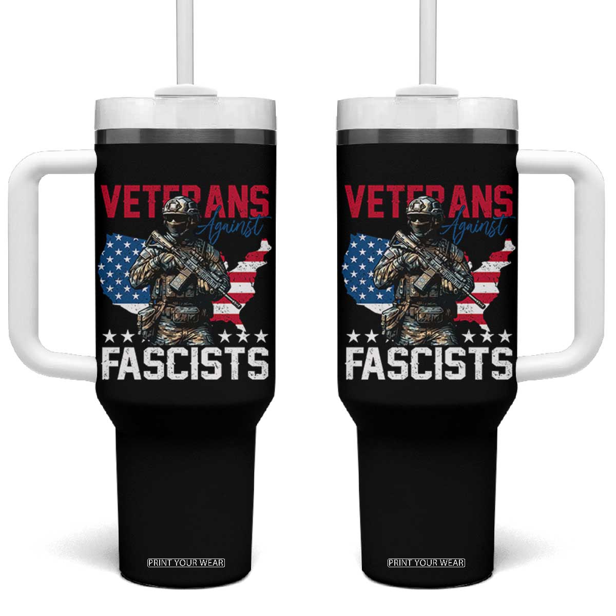 Veterans Against Fascists Tumbler With Handle Patriotic Soldier Vintage American Flag - Print Your Wear