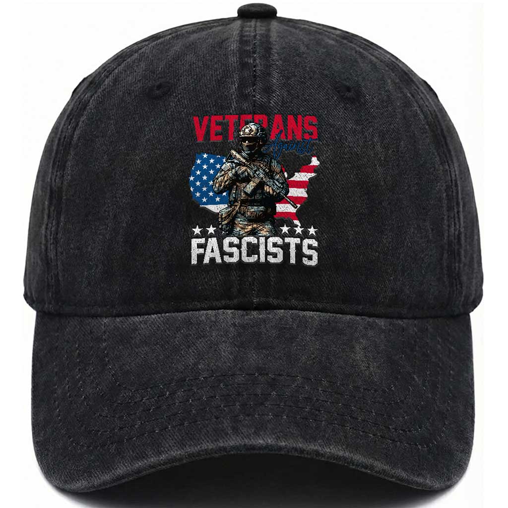 Veterans Against Fascists Washed Cotton Baseball Cap Patriotic Soldier Vintage American Flag TS11 Washed Cap Universal Fit Black Print Your Wear