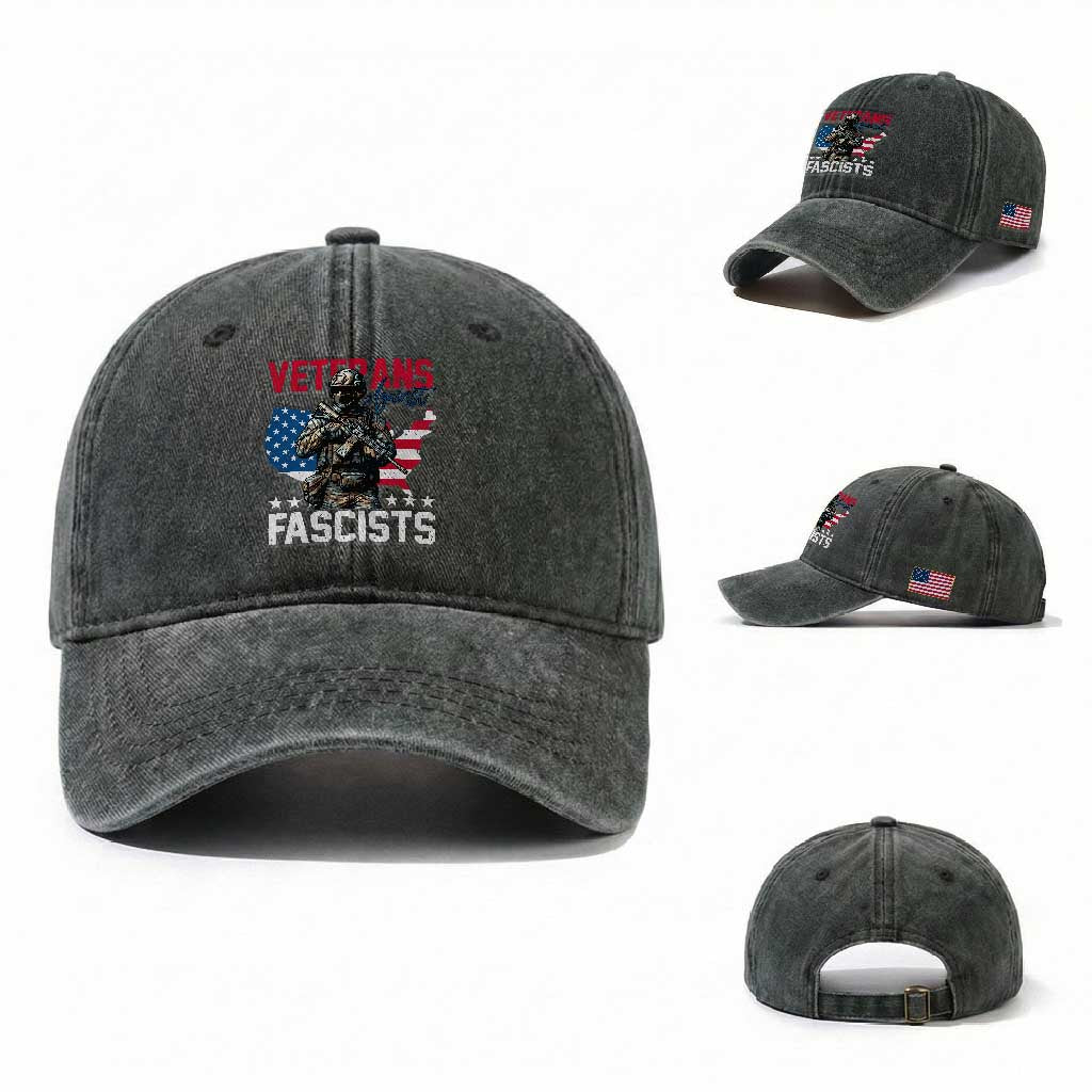 Veterans Against Fascists Washed Cotton Baseball Cap Patriotic Soldier Vintage American Flag TS11 Washed Cap Universal Fit Dark Green Print Your Wear