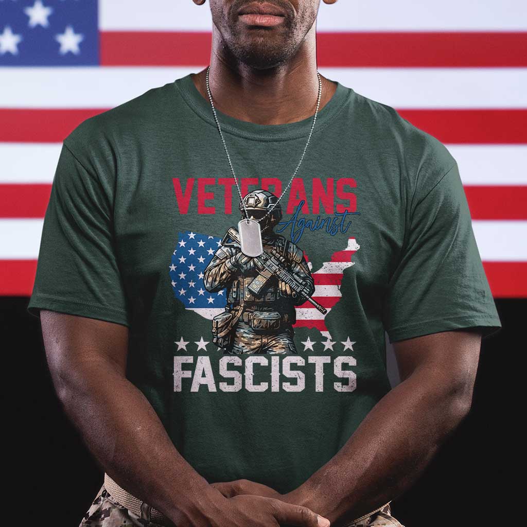 Veterans Against Fascists T Shirt Patriotic Soldier Vintage American Flag TS11 Dark Forest Green Print Your Wear