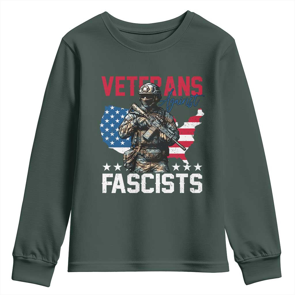 Veterans Against Fascists Youth Sweatshirt Patriotic Soldier Vintage American Flag TS11 Dark Forest Green Print Your Wear