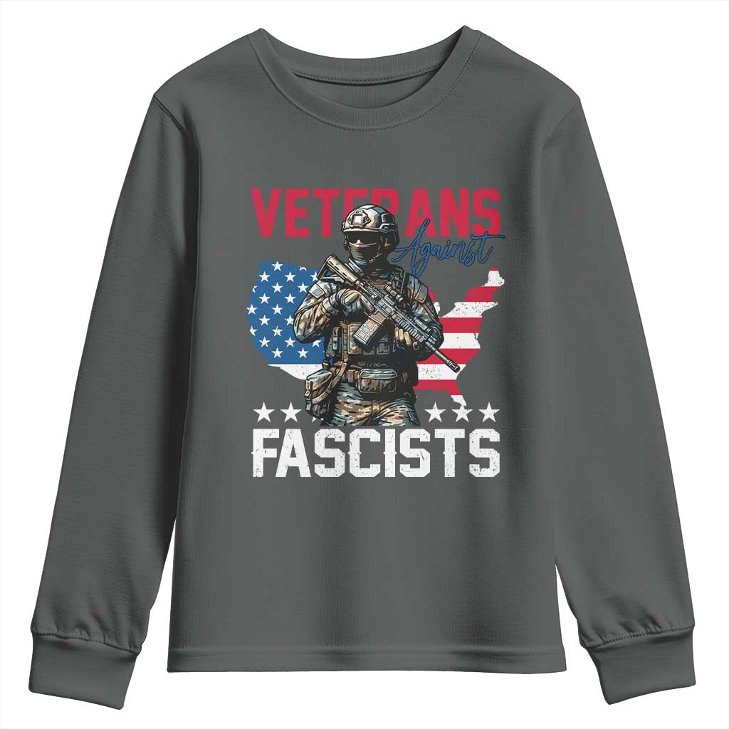 Veterans Against Fascists Youth Sweatshirt Patriotic Soldier Vintage American Flag TS11 Dark Heather Print Your Wear