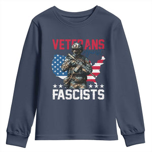Veterans Against Fascists Youth Sweatshirt Patriotic Soldier Vintage American Flag TS11 Navy Print Your Wear