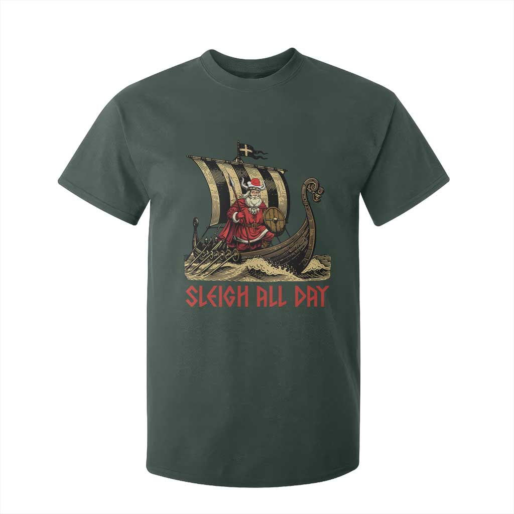 Funny Christmas Santa Viking T Shirt For Kid Sleigh All Day Xmas Pagan Norse Longship TS11 Dark Forest Green Print Your Wear