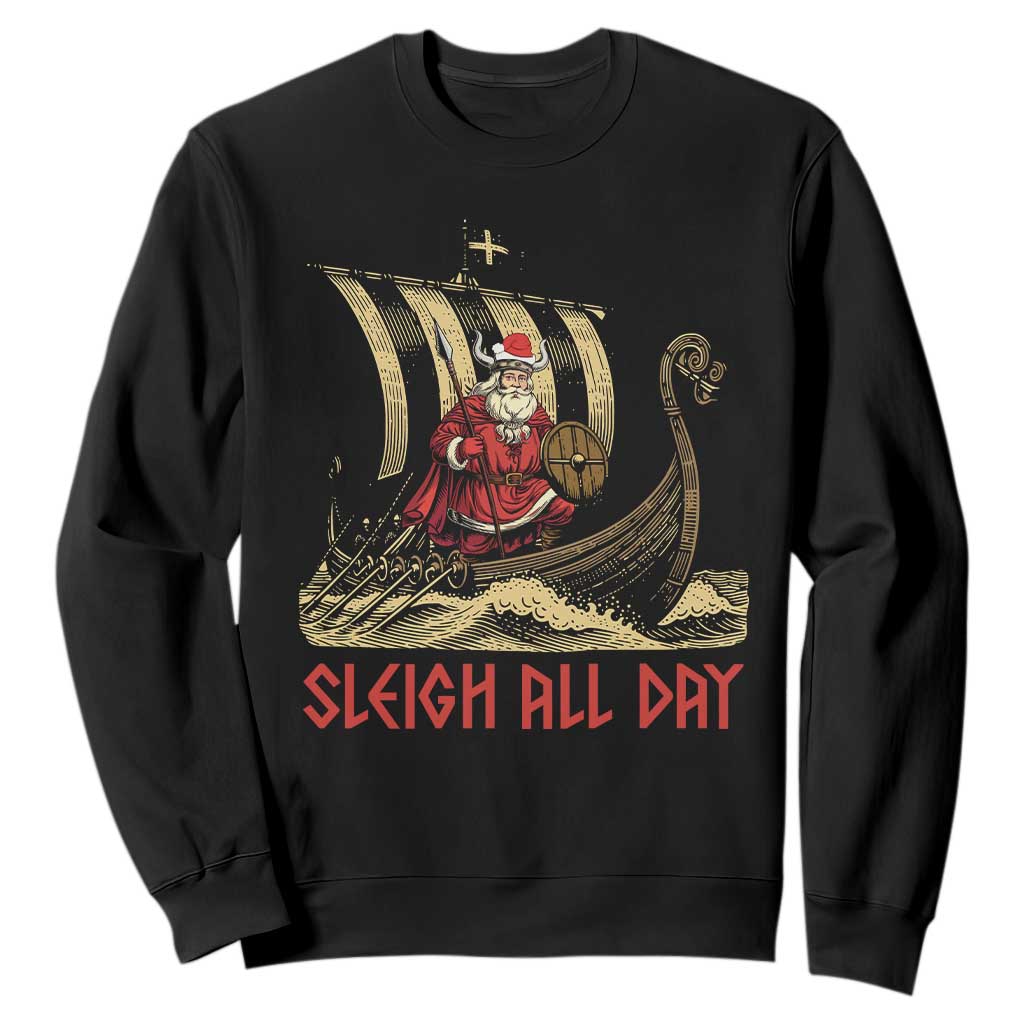 Funny Christmas Santa Viking Sweatshirt Sleigh All Day Xmas Pagan Norse Longship TS11 Black Print Your Wear