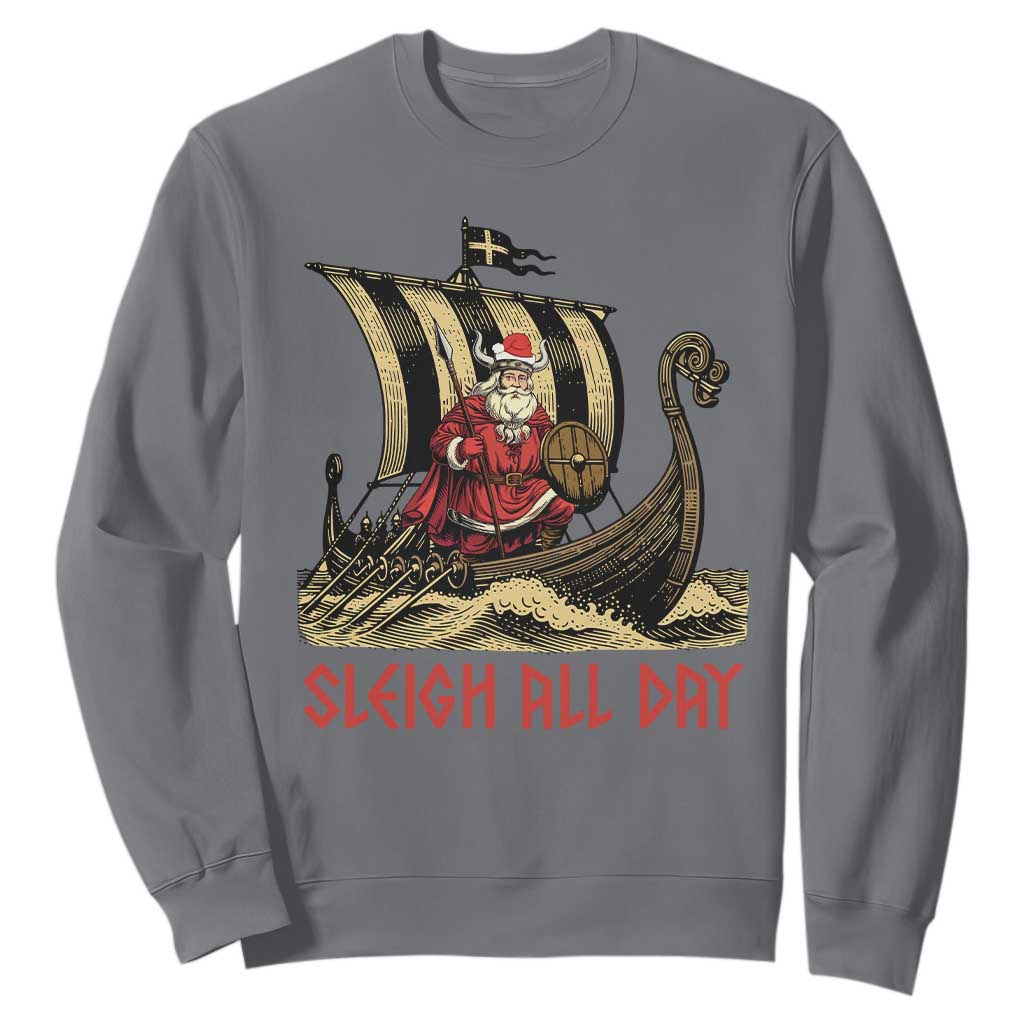 Funny Christmas Santa Viking Sweatshirt Sleigh All Day Xmas Pagan Norse Longship TS11 Charcoal Print Your Wear