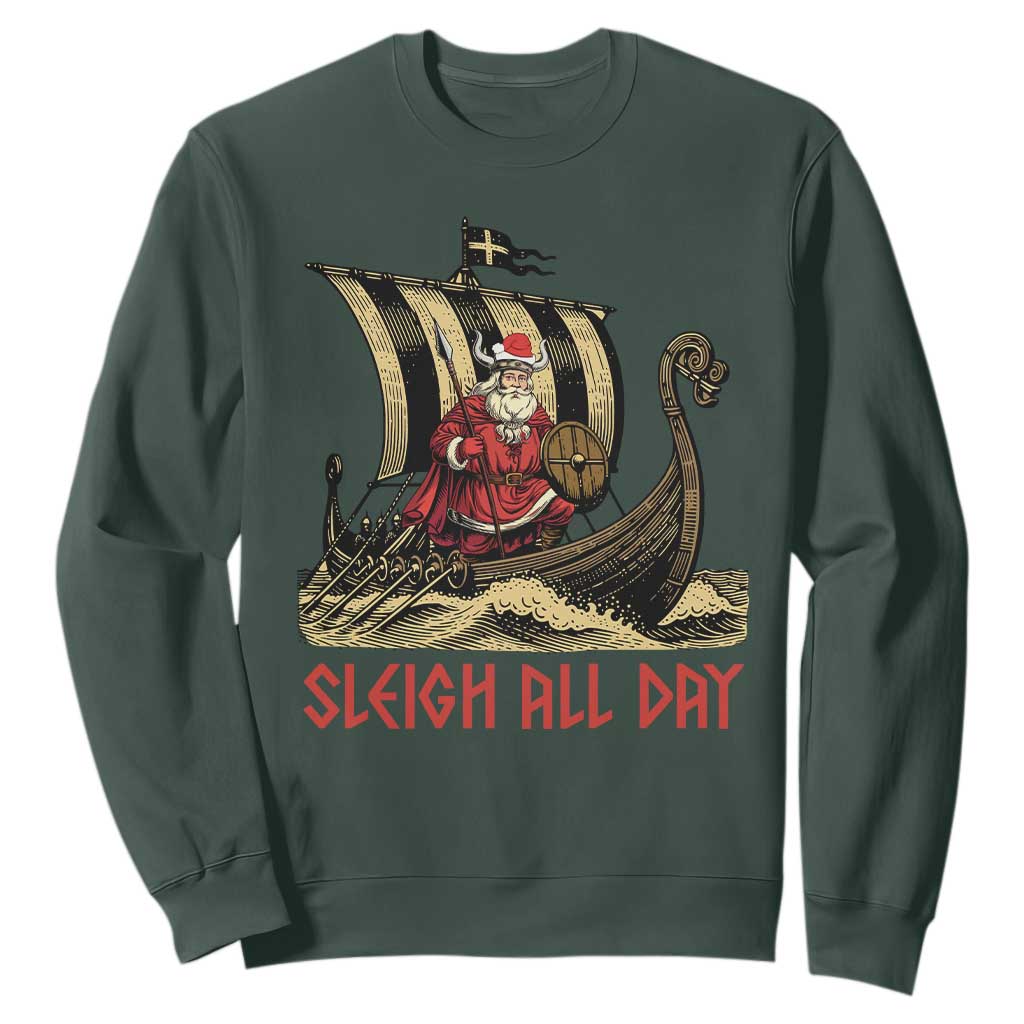 Funny Christmas Santa Viking Sweatshirt Sleigh All Day Xmas Pagan Norse Longship TS11 Dark Forest Green Print Your Wear