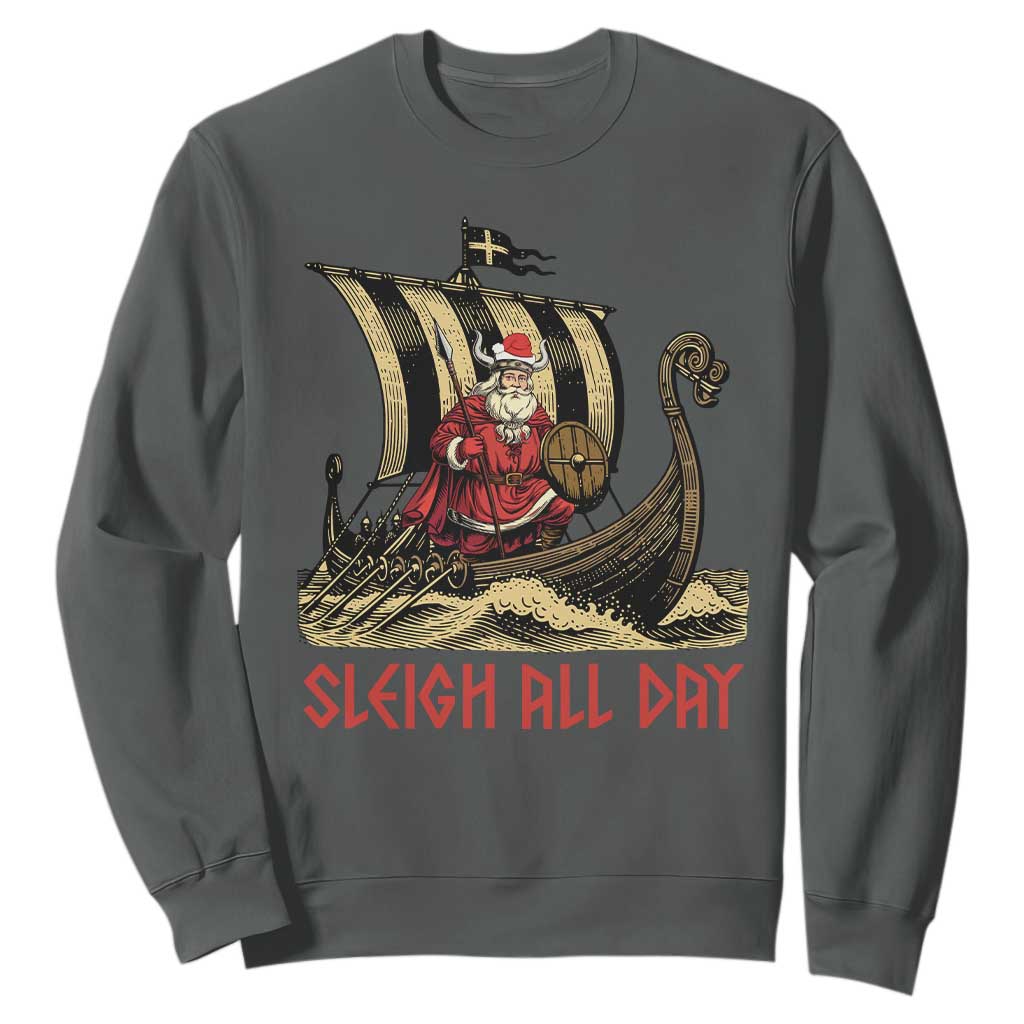 Funny Christmas Santa Viking Sweatshirt Sleigh All Day Xmas Pagan Norse Longship TS11 Dark Heather Print Your Wear