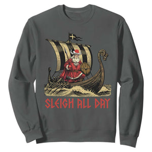 Funny Christmas Santa Viking Sweatshirt Sleigh All Day Xmas Pagan Norse Longship TS11 Dark Heather Print Your Wear