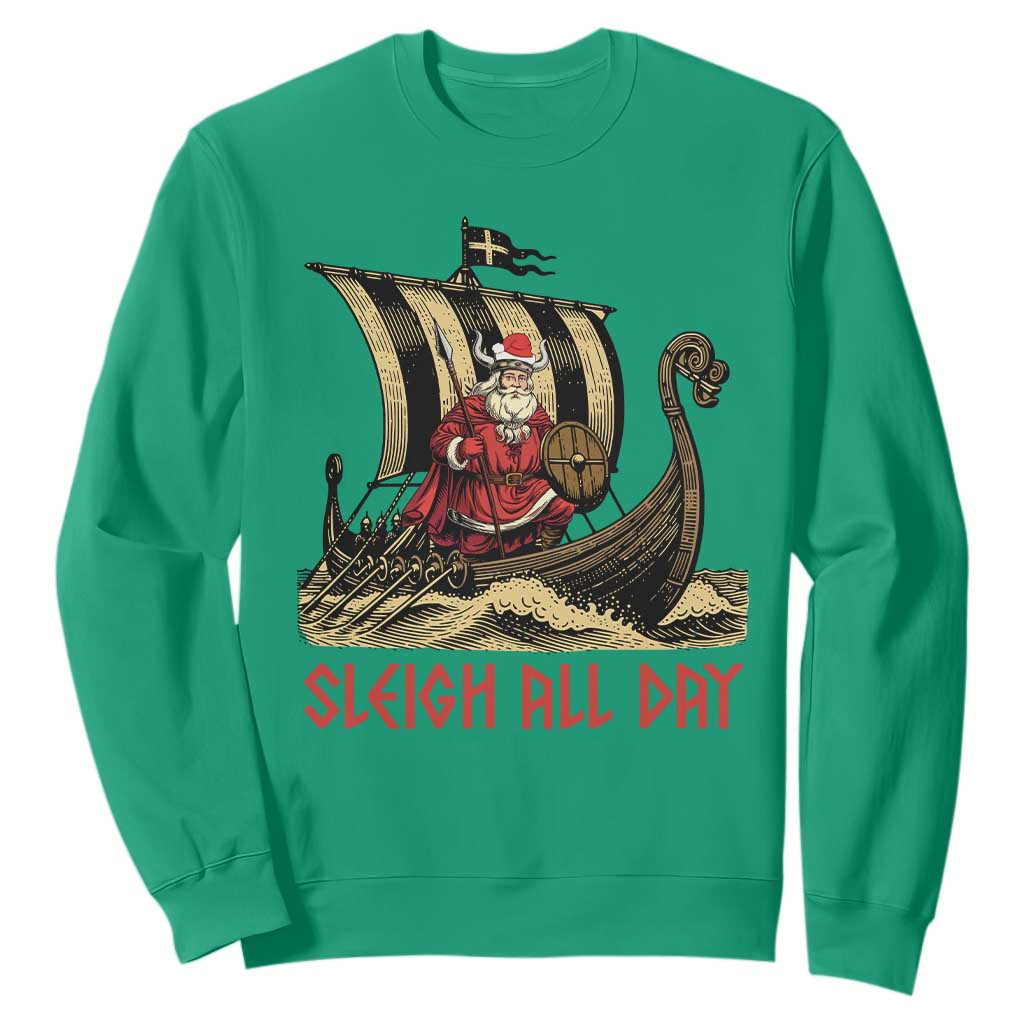 Funny Christmas Santa Viking Sweatshirt Sleigh All Day Xmas Pagan Norse Longship TS11 Irish Green Print Your Wear