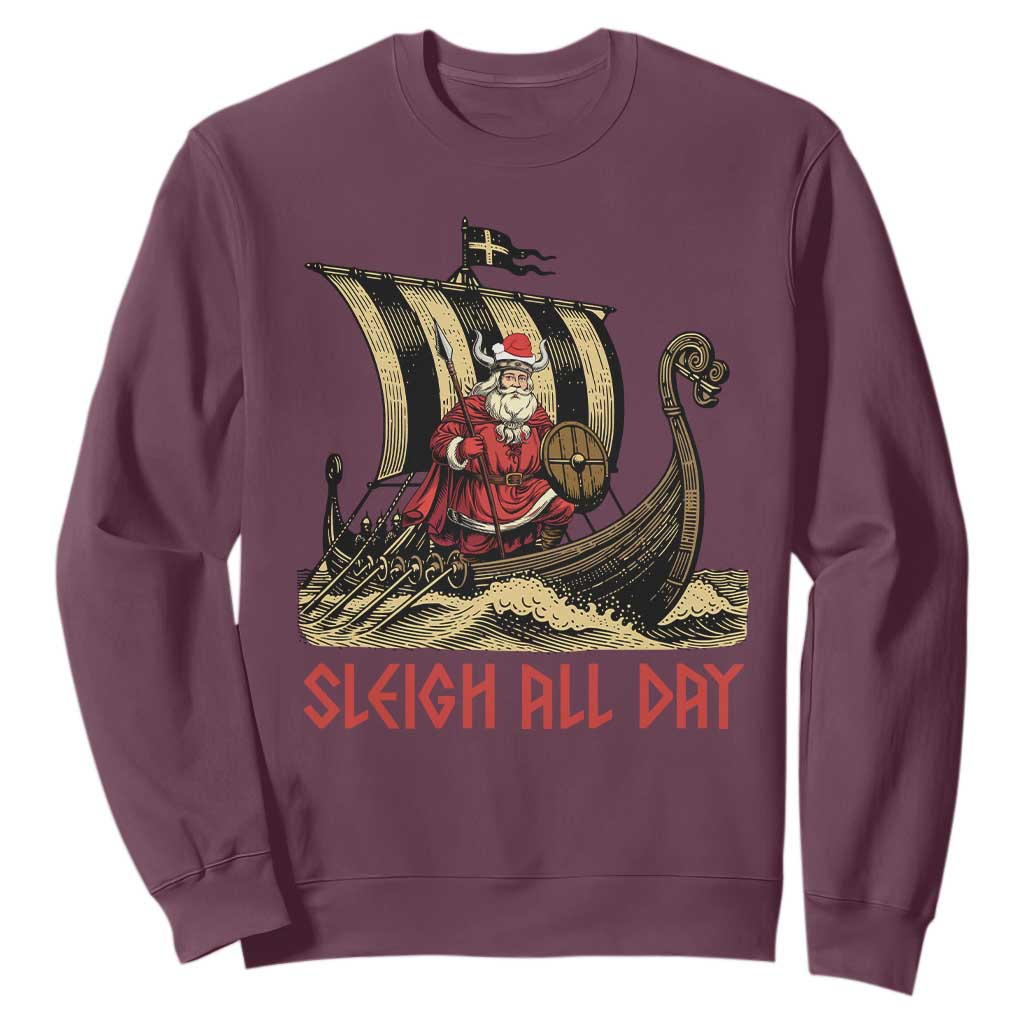 Funny Christmas Santa Viking Sweatshirt Sleigh All Day Xmas Pagan Norse Longship TS11 Maroon Print Your Wear