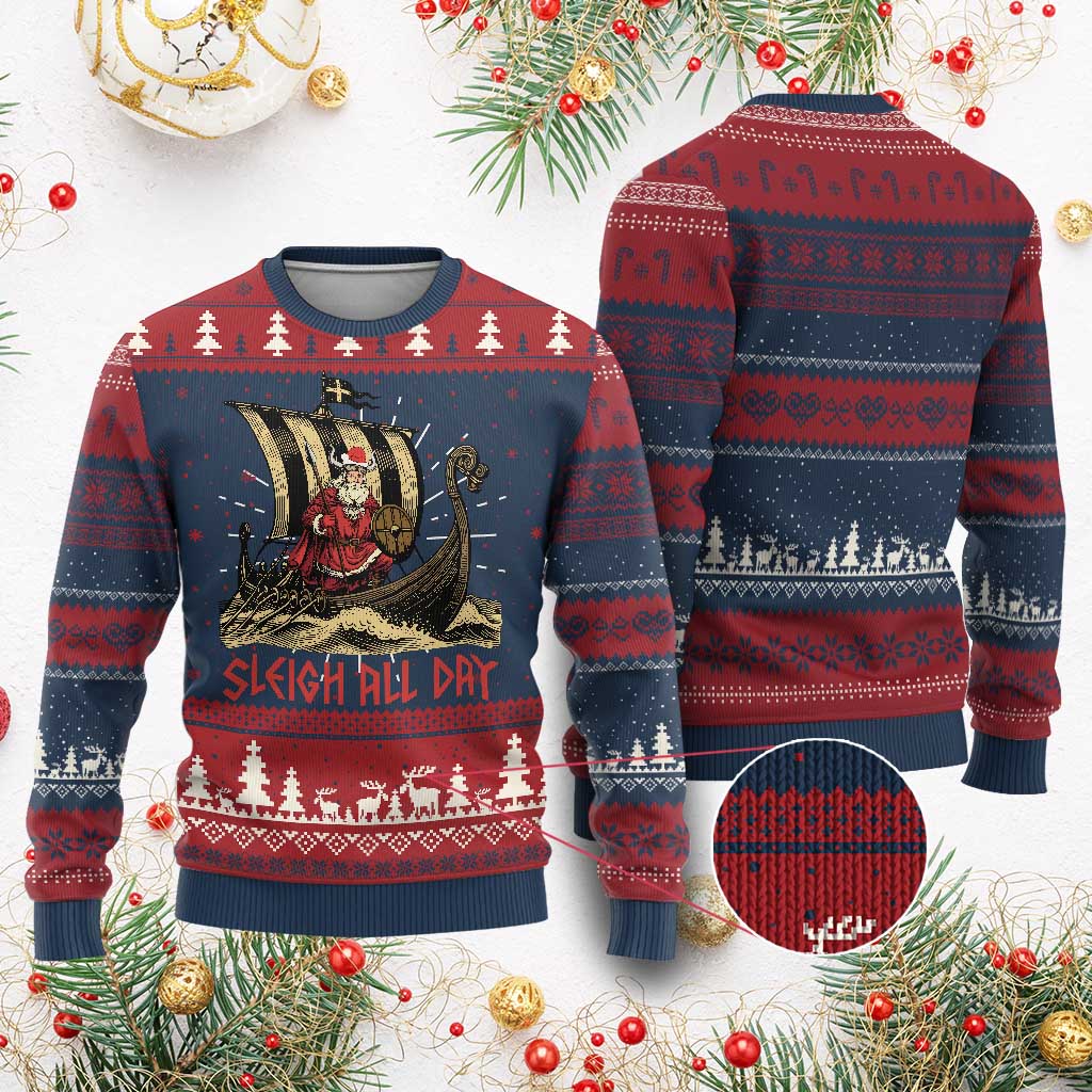 Funny Christmas Santa Viking Ugly Christmas Sweater Sleigh All Day Xmas Pagan Norse Longship TS11 Burgundy Print Your Wear