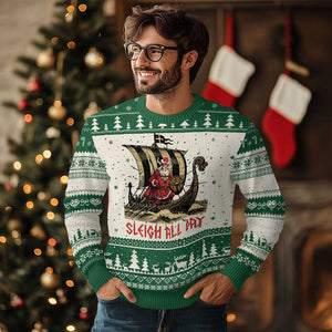 Funny Christmas Santa Viking Ugly Christmas Sweater Sleigh All Day Xmas Pagan Norse Longship TS11 Green Print Your Wear