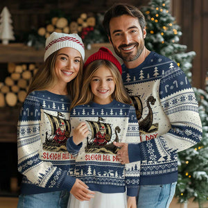 Funny Christmas Santa Viking Ugly Christmas Sweater Sleigh All Day Xmas Pagan Norse Longship TS11 Navy Print Your Wear
