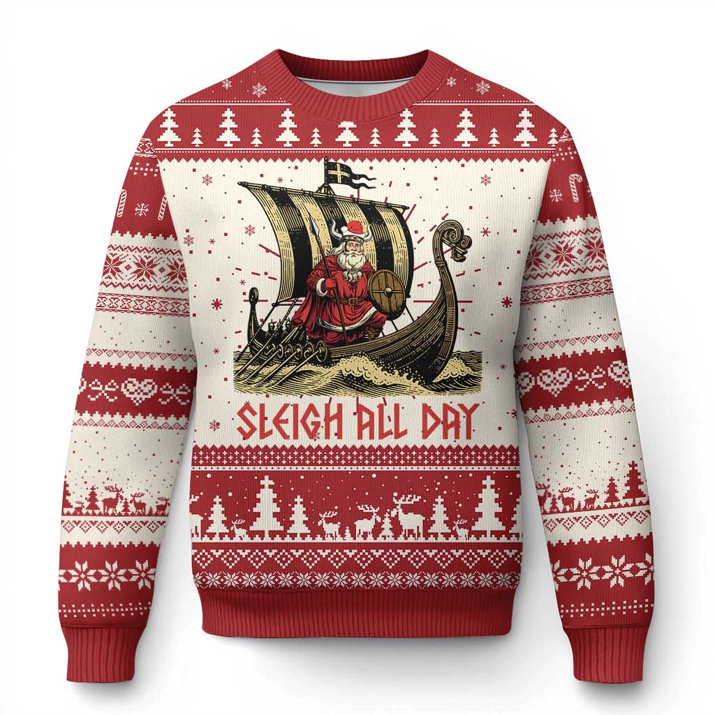 Funny Christmas Santa Viking Ugly Christmas Sweater Sleigh All Day Xmas Pagan Norse Longship TS11 Red Print Your Wear