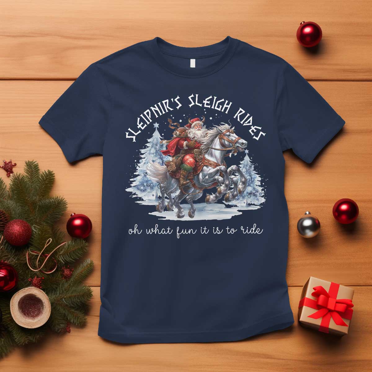Funny Christmas Santa Viking T Shirt Sleipnir's Sleigh Rides Oh What Fun It Is To Ride TS11 Navy Print Your Wear
