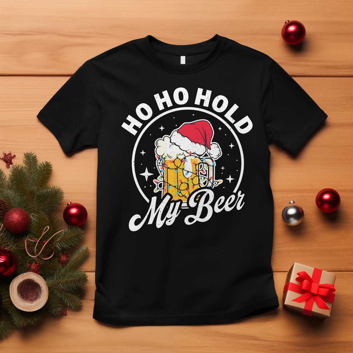 Funny Christmas Beers T Shirt Ho Ho Hold My Beer Vintage Mug Santa Hat TS11 Black Print Your Wear