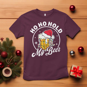 Funny Christmas Beers T Shirt Ho Ho Hold My Beer Vintage Mug Santa Hat TS11 Maroon Print Your Wear