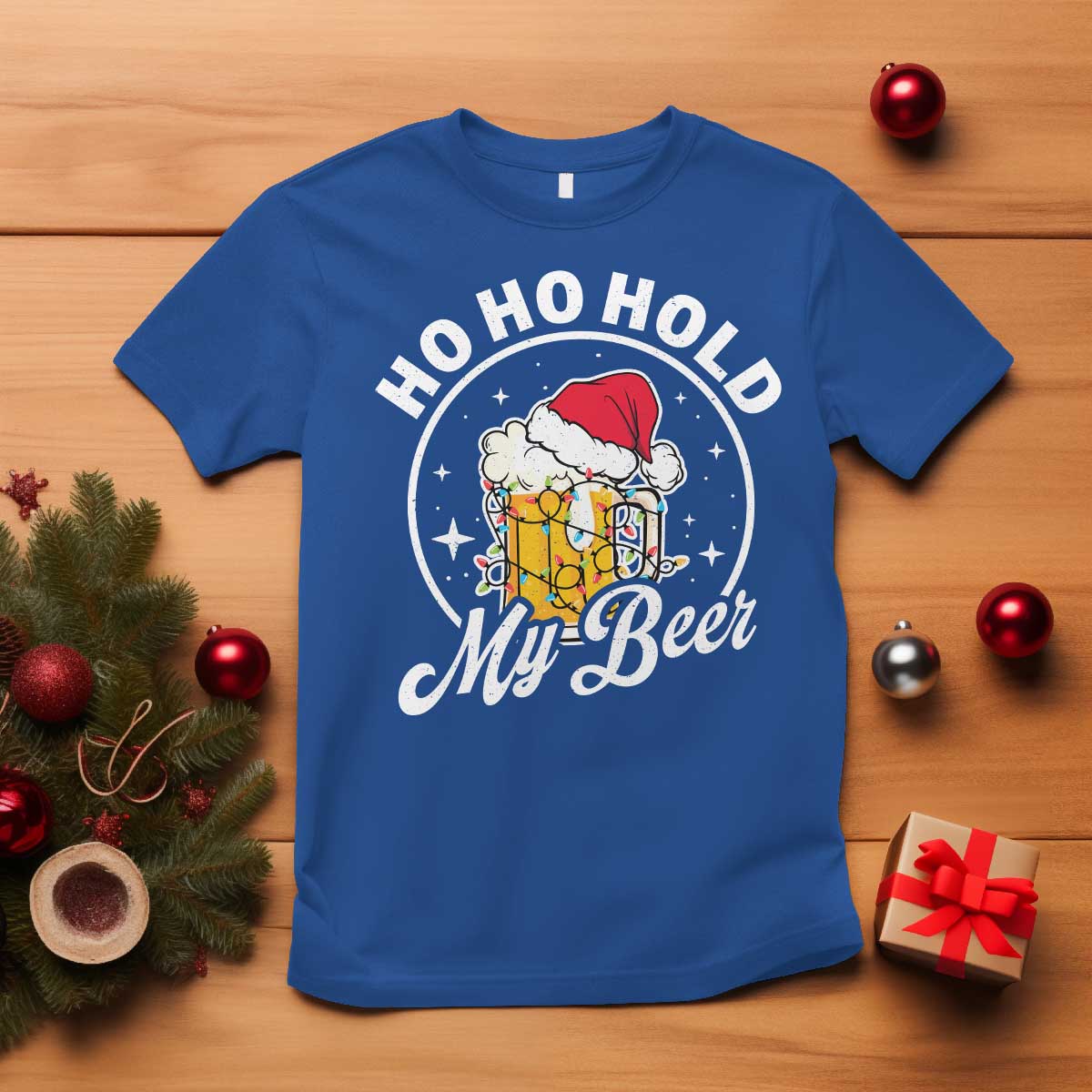 Funny Christmas Beers T Shirt Ho Ho Hold My Beer Vintage Mug Santa Hat TS11 Royal Blue Print Your Wear