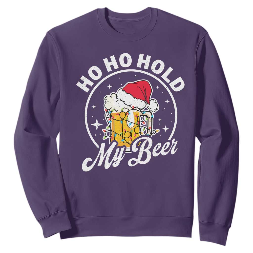 Funny Christmas Beers Sweatshirt Ho Ho Hold My Beer Vintage Mug Santa Hat TS11 Purple Print Your Wear