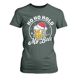 Funny Christmas Beers T Shirt For Women Ho Ho Hold My Beer Vintage Mug Santa Hat TS11 Dark Forest Green Print Your Wear