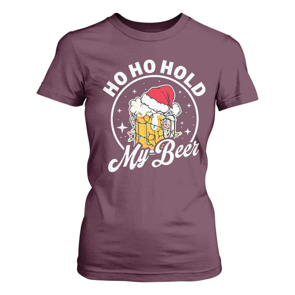 Funny Christmas Beers T Shirt For Women Ho Ho Hold My Beer Vintage Mug Santa Hat TS11 Maroon Print Your Wear