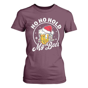 Funny Christmas Beers T Shirt For Women Ho Ho Hold My Beer Vintage Mug Santa Hat TS11 Maroon Print Your Wear