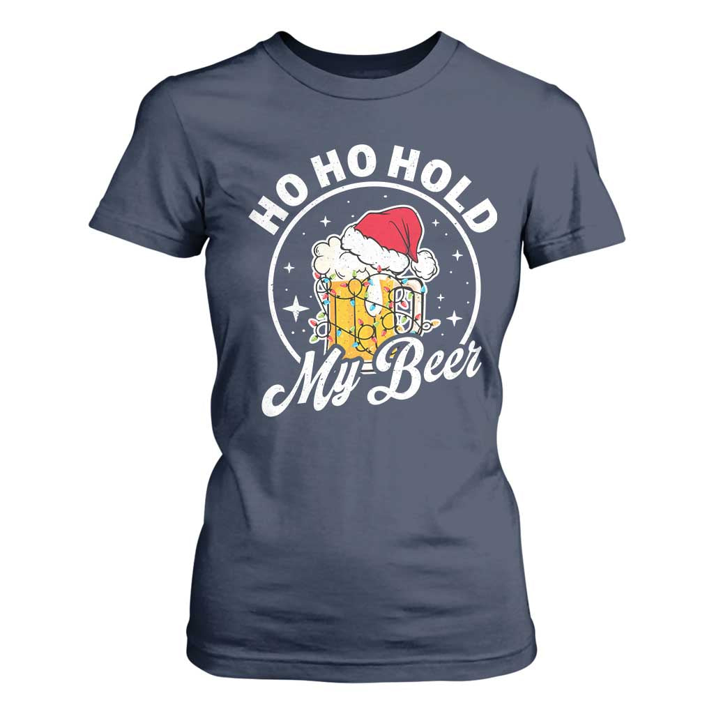 Funny Christmas Beers T Shirt For Women Ho Ho Hold My Beer Vintage Mug Santa Hat TS11 Navy Print Your Wear