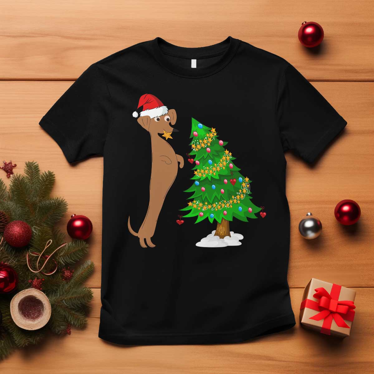 Funny Christmas Wiener Dog T Shirt Decorations Xmas Tree TS11 Black Print Your Wear
