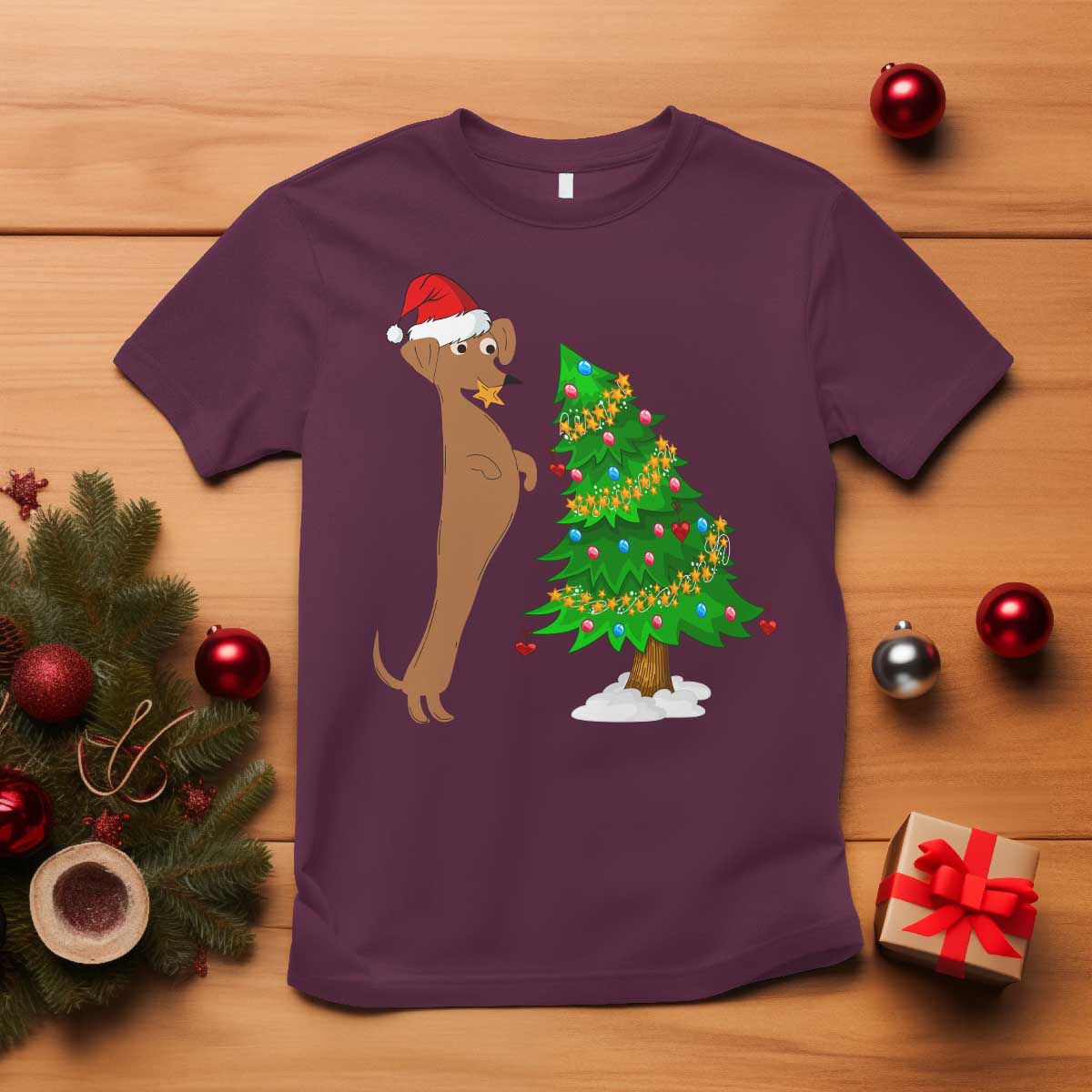 Funny Christmas Wiener Dog T Shirt Decorations Xmas Tree TS11 Maroon Print Your Wear