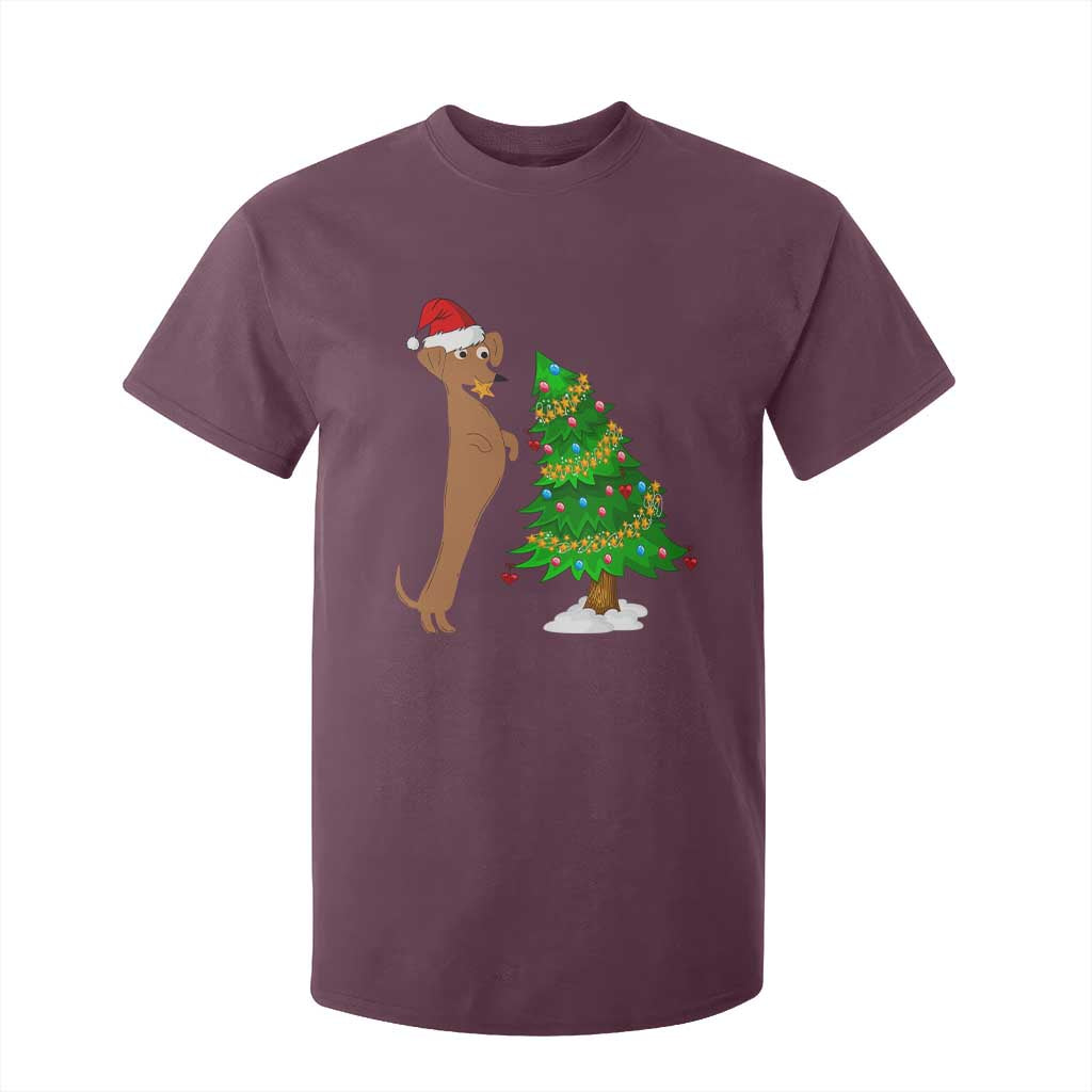 Funny Christmas Wiener Dog T Shirt For Kid Decorations Xmas Tree TS11 Maroon Print Your Wear