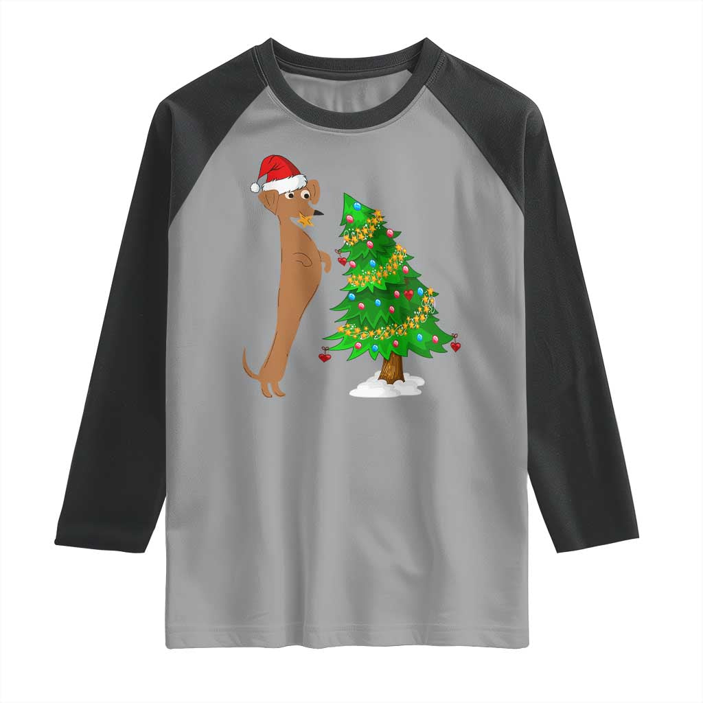 Funny Christmas Wiener Dog Raglan Shirt Decorations Xmas Tree TS11 Sport Gray Black Print Your Wear