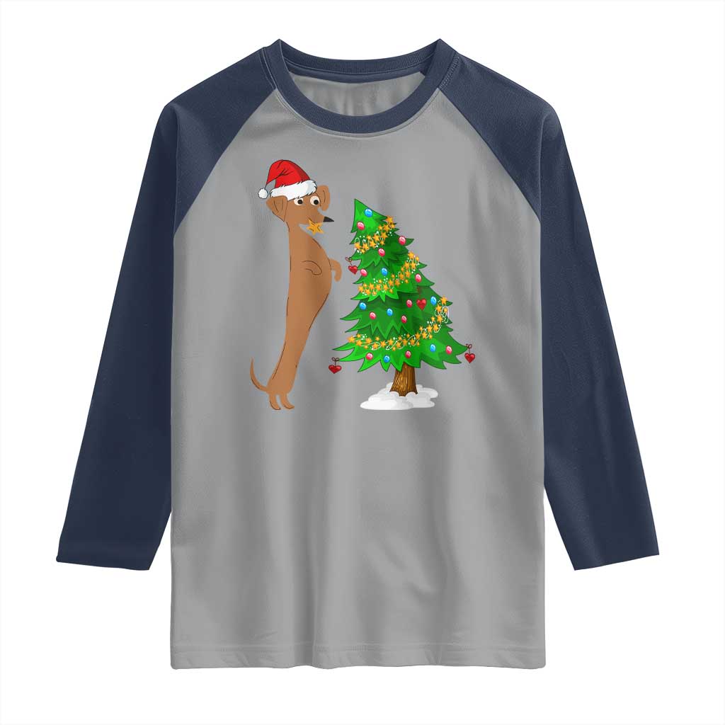 Funny Christmas Wiener Dog Raglan Shirt Decorations Xmas Tree TS11 Sport Gray Navy Print Your Wear