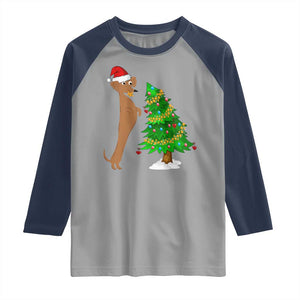 Funny Christmas Wiener Dog Raglan Shirt Decorations Xmas Tree TS11 Sport Gray Navy Print Your Wear