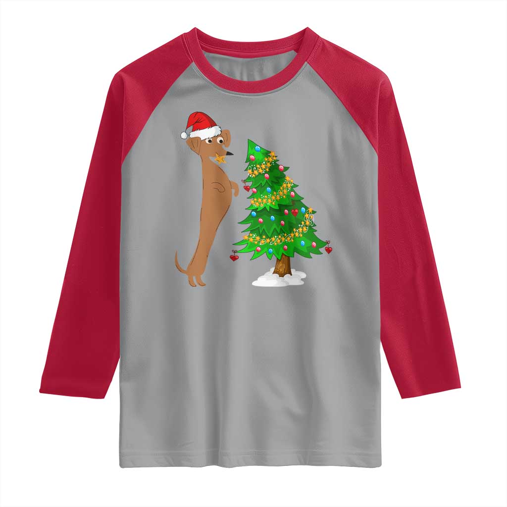 Funny Christmas Wiener Dog Raglan Shirt Decorations Xmas Tree TS11 Sport Gray Red Print Your Wear