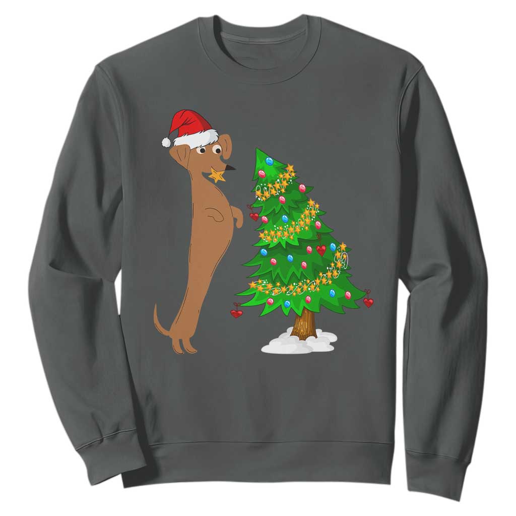Funny Christmas Wiener Dog Sweatshirt Decorations Xmas Tree TS11 Dark Heather Print Your Wear