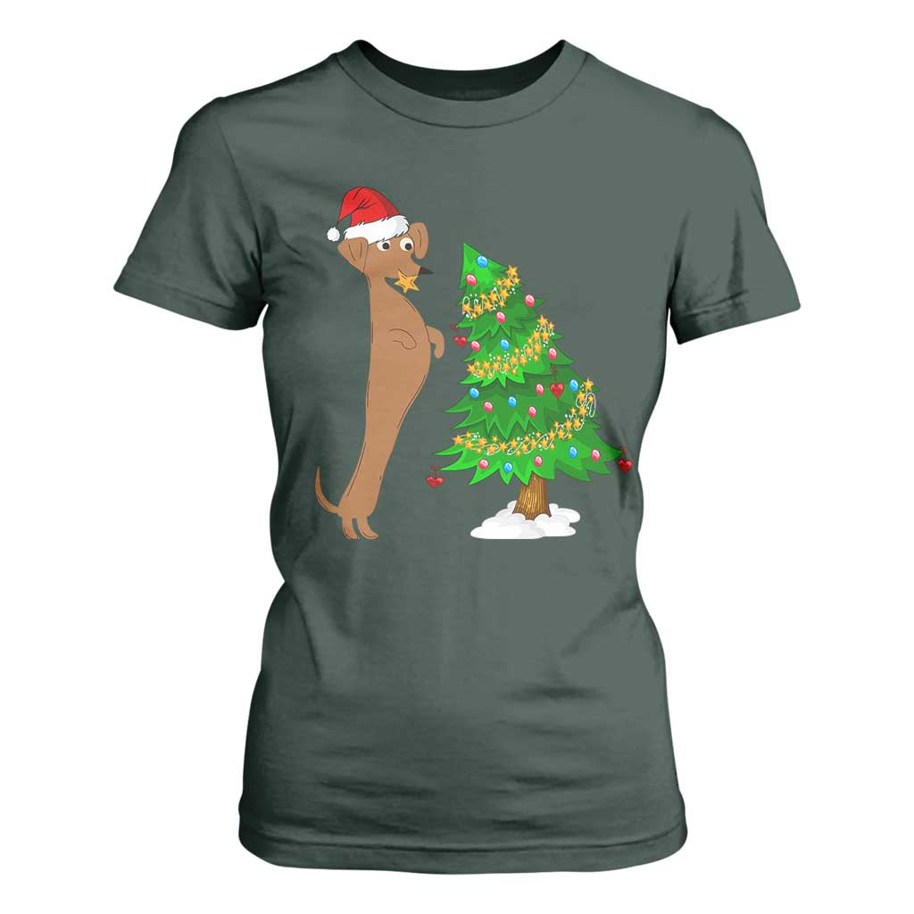 Funny Christmas Wiener Dog T Shirt For Women Decorations Xmas Tree TS11 Dark Forest Green Print Your Wear