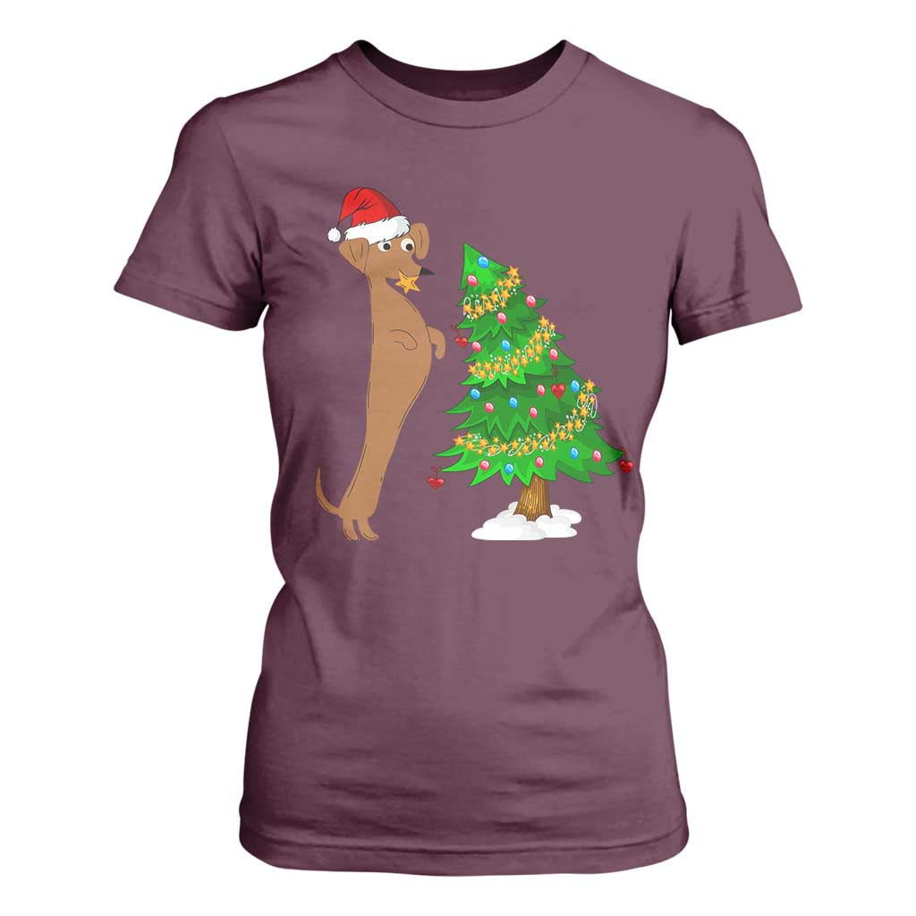 Funny Christmas Wiener Dog T Shirt For Women Decorations Xmas Tree TS11 Maroon Print Your Wear