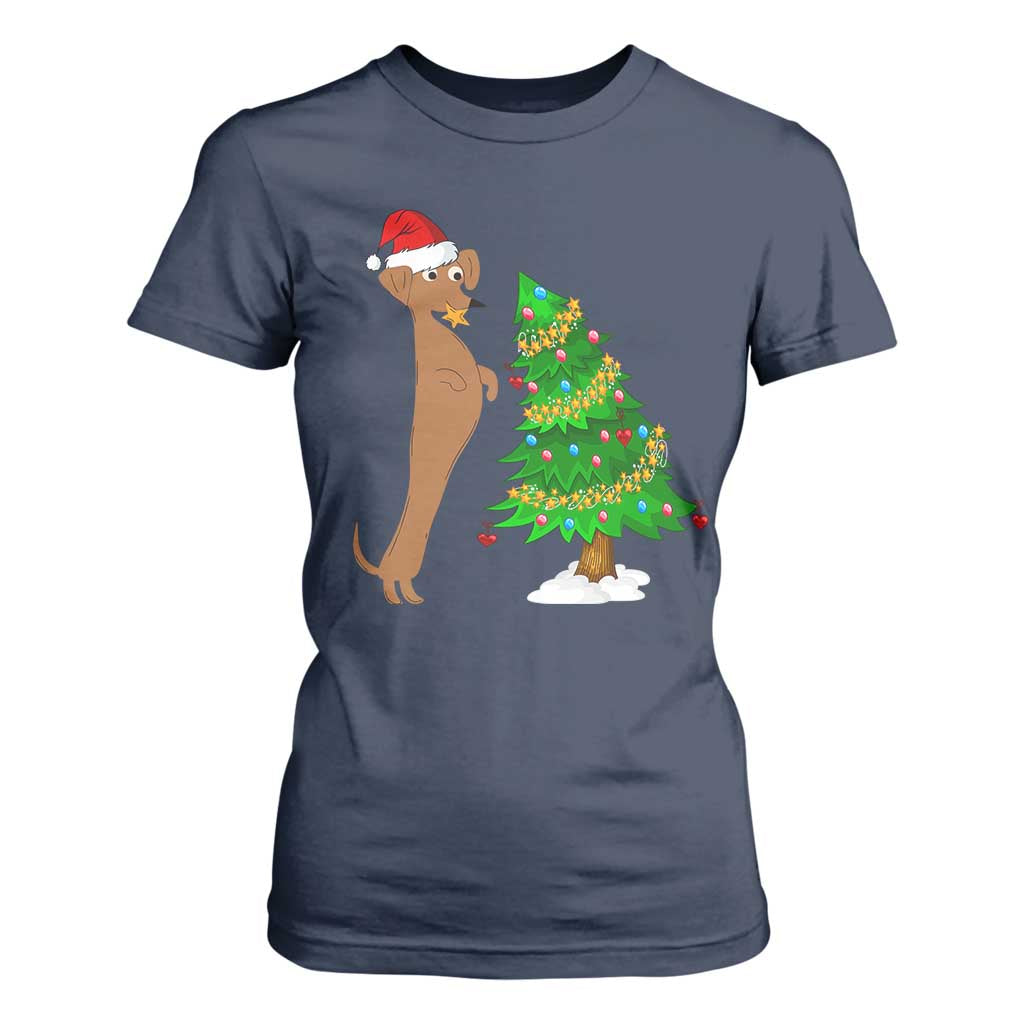 Funny Christmas Wiener Dog T Shirt For Women Decorations Xmas Tree TS11 Navy Print Your Wear