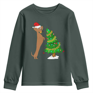 Funny Christmas Wiener Dog Youth Sweatshirt Decorations Xmas Tree TS11 Dark Forest Green Print Your Wear
