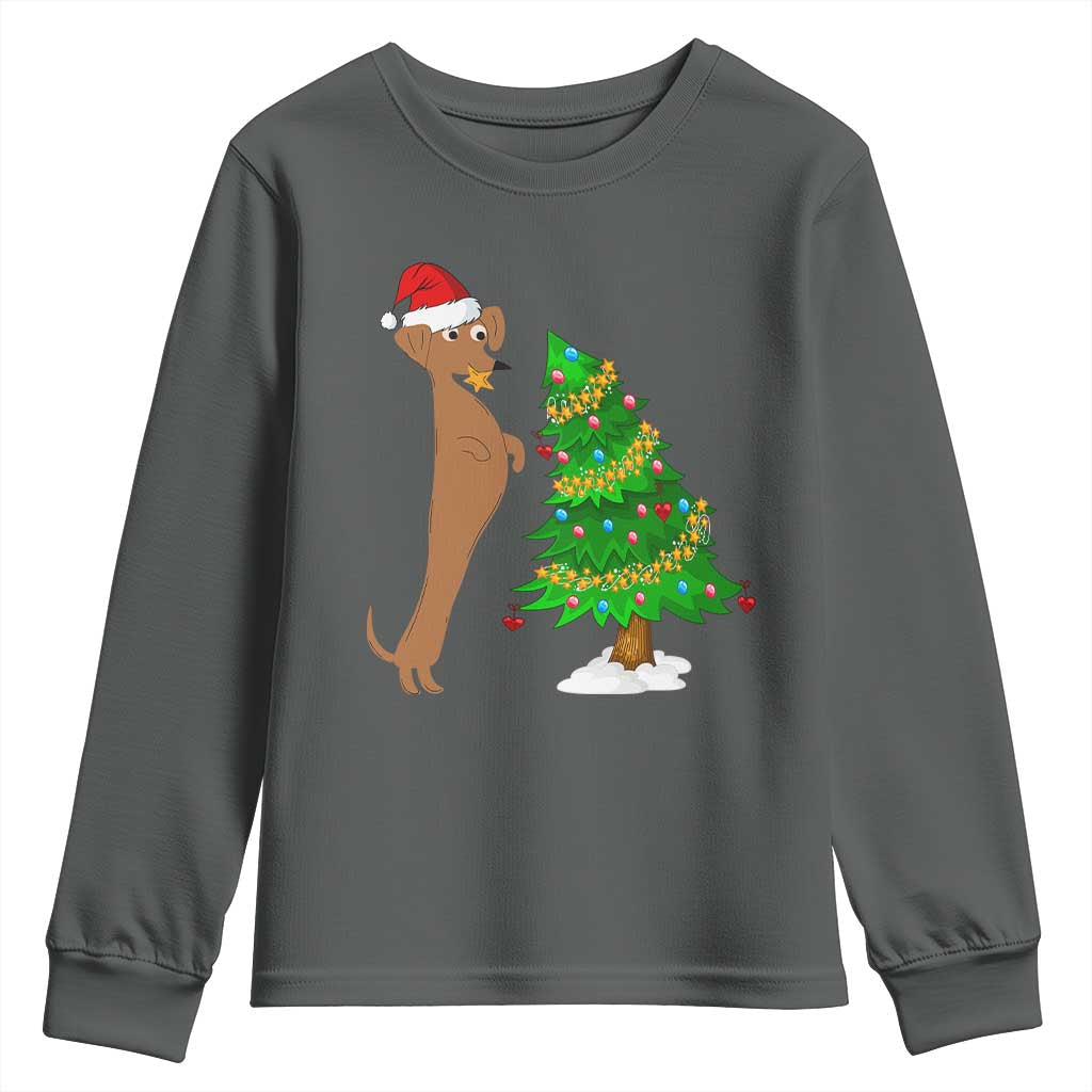 Funny Christmas Wiener Dog Youth Sweatshirt Decorations Xmas Tree TS11 Dark Heather Print Your Wear