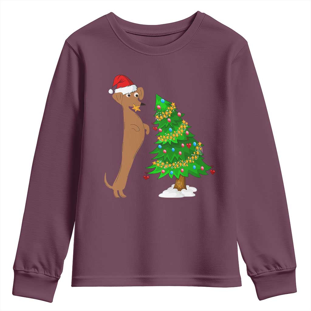 Funny Christmas Wiener Dog Youth Sweatshirt Decorations Xmas Tree TS11 Maroon Print Your Wear