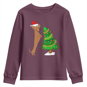 Funny Christmas Wiener Dog Youth Sweatshirt Decorations Xmas Tree TS11 Maroon Print Your Wear