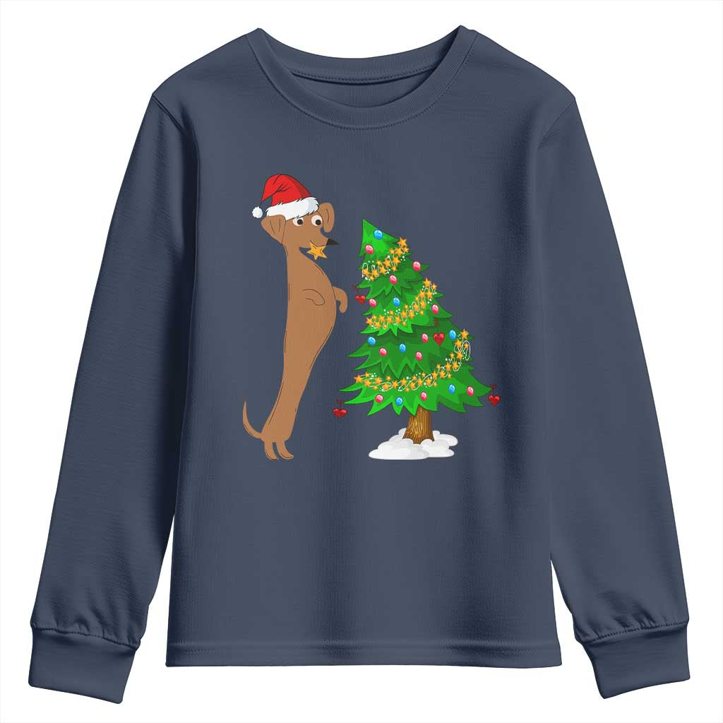 Funny Christmas Wiener Dog Youth Sweatshirt Decorations Xmas Tree TS11 Navy Print Your Wear