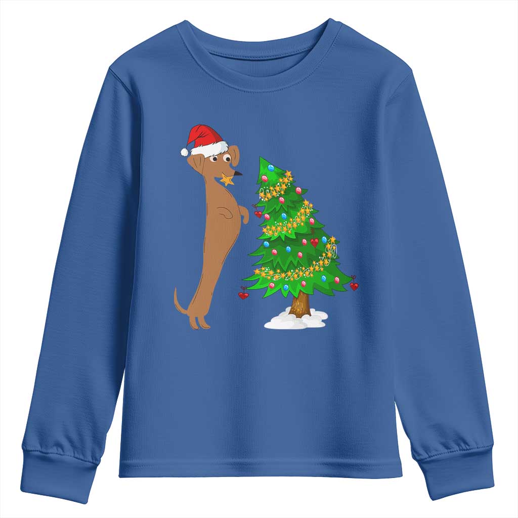 Funny Christmas Wiener Dog Youth Sweatshirt Decorations Xmas Tree TS11 Royal Blue Print Your Wear