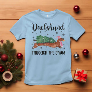 Funny Christmas Wiener Dog T Shirt Dachshund Through The Snow Xmas Tree TS11 Light Blue Print Your Wear