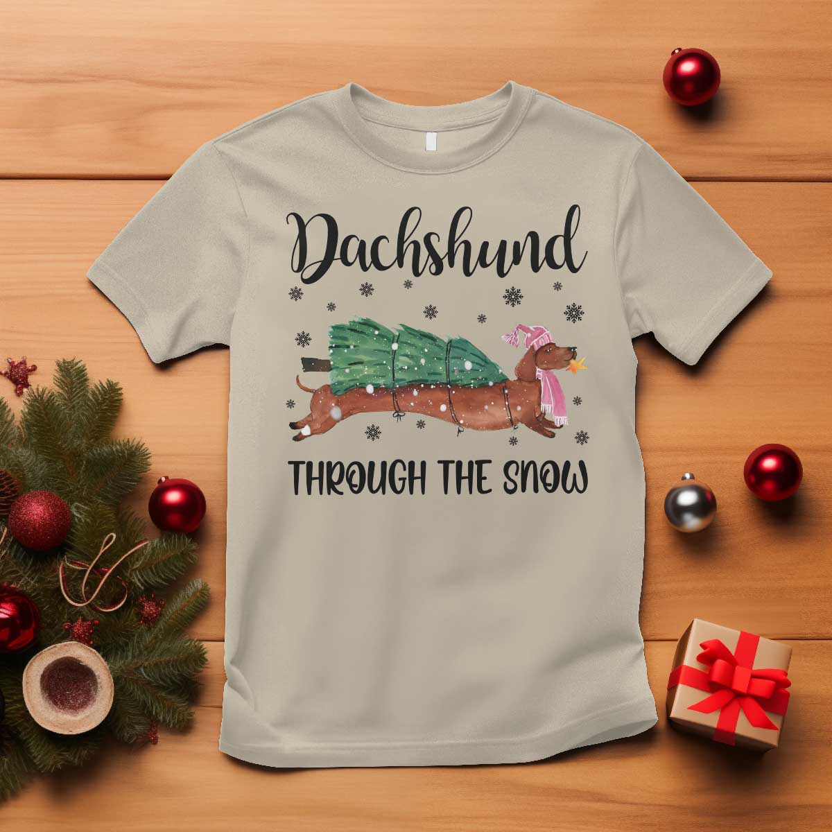 Funny Christmas Wiener Dog T Shirt Dachshund Through The Snow Xmas Tree TS11 Sand Print Your Wear