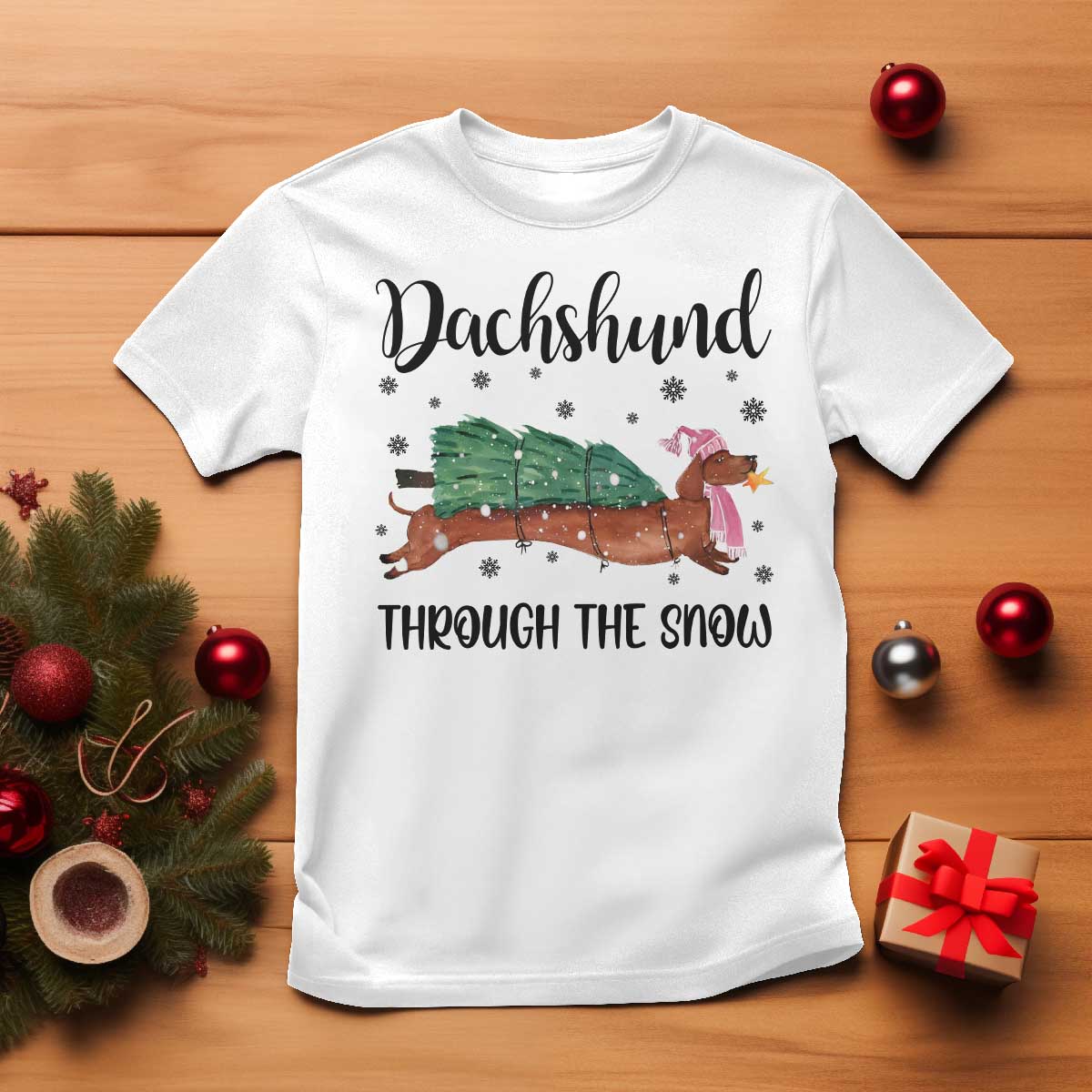 Funny Christmas Wiener Dog T Shirt Dachshund Through The Snow Xmas Tree TS11 White Print Your Wear