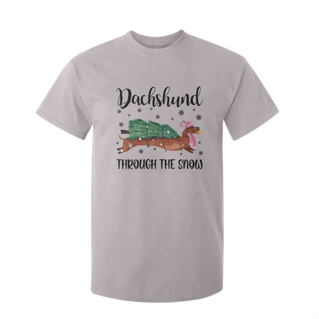 Funny Christmas Wiener Dog T Shirt For Kid Dachshund Through The Snow Xmas Tree TS11 Ice Gray Print Your Wear